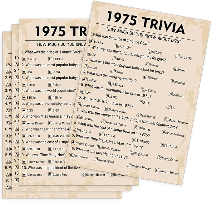 50th Birthday Party Games, 1975 Trivia Games, Birthday Party Supplies by QUPT