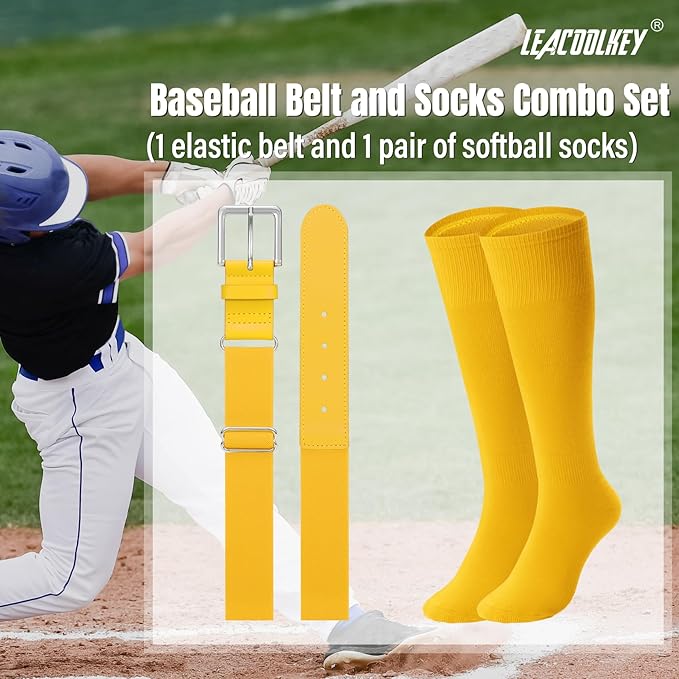LEACOOLKEY Baseball Belt and Socks Combo Set Adjustable Softball Socks and Elastic Belt for Youth and Adult
