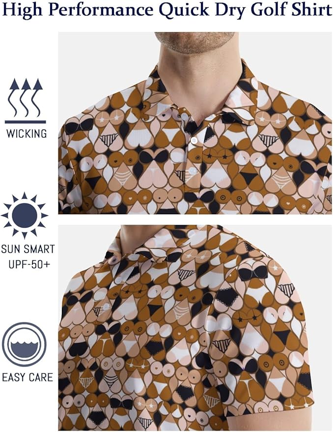 HUURAY Funny Golf Polos for Men Funny Print Short Sleeve Shirts Quick Dry Polo Shirts Hawaiian Shirt Performance Golf Outfits