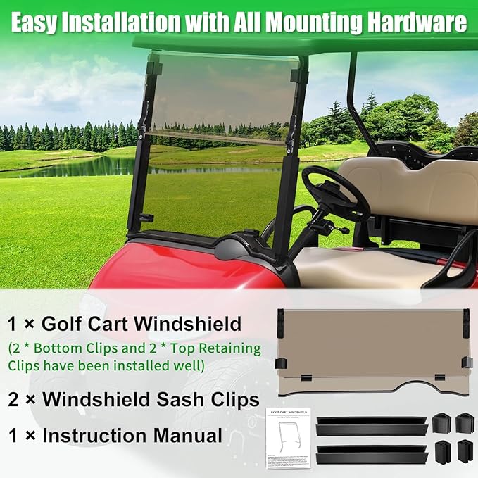 5MM Thick Upgrade PC Foldable EZGO RXV Golf Cart Windshield with Heavy Duty Hinges Only Fit for 2008-Up EZGO RXV with 1.25" Struts Rail, Anti-UV Impact Resistant Golf Cart Windshield