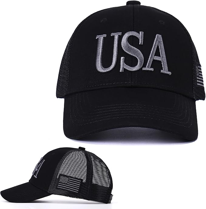USA Trucker Hat for Men & Women American Flag Cap Adjustable Baseball Cap Mesh Snap Patriotic 3D Embroidered Cap