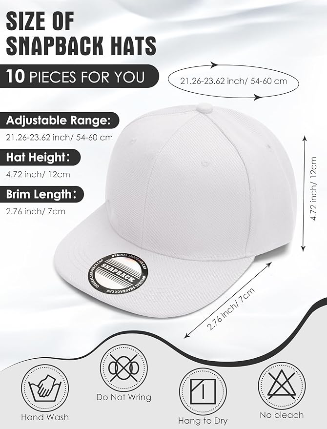 10 Pack Blank Snapback Hats for Men Flat Brim Hats Baseball Caps Bulk