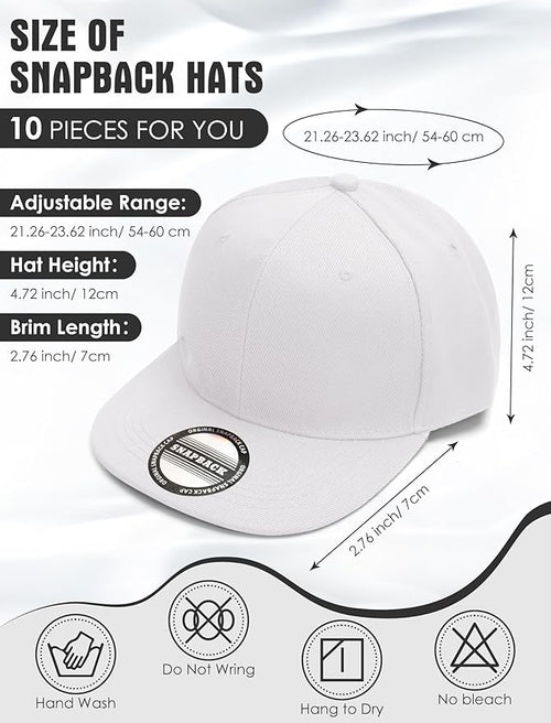 10 Pack Blank Snapback Hats for Men Flat Brim Hats Baseball Caps Bulk