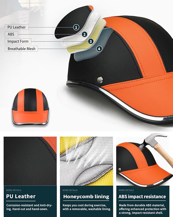Adult Baseball Cap Helmet - Urban Style for Golf, Low Profile Urban Commute PU Retro Leather Hat for Men & Women