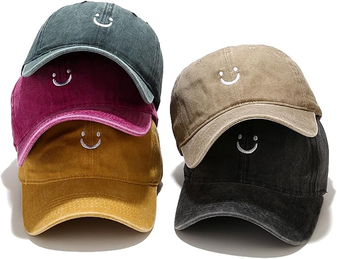 Smile Face Baseball Cap Vintage Distressed Low Profile Unstructured Cotton Dad Hat Adjustable for Women Men