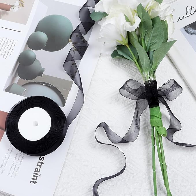 Ribbon for Gift Wrapping 3/4 inch Black Sheer Organza Ribbon for Flower Bouquet - Image 4