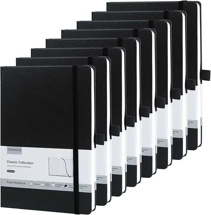 8 Pack Black Lined Journal Notebooks by ONAVIA