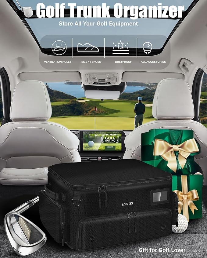 Golf Trunk Organizer, Waterproof Car Golf Locker with Separate Ventilated Compartment for 2 Pair Shoes, Golf Storage for Balls, Tees, Cap, Clothes, Gloves, Accessories, Gifts for Men, Women