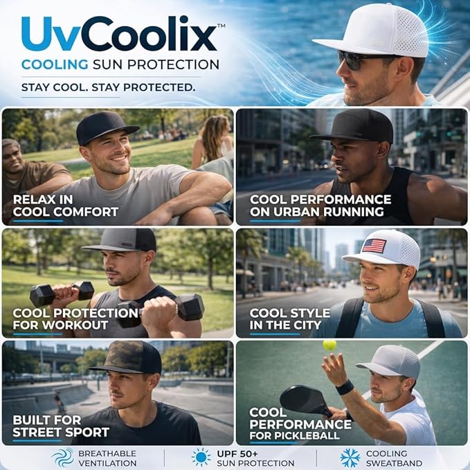 UVCoolix™ Cooling Sweatband Flat Bill Golf Baseball Cap,Breathable Sun Protection,Water-Resistant Snapback Performance Hat