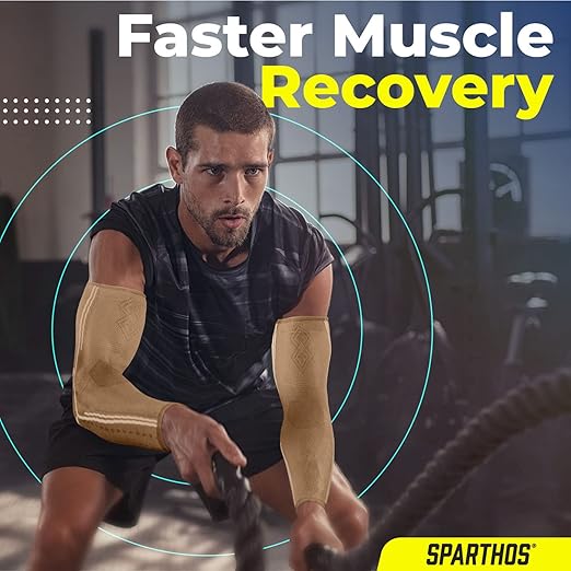 Sparthos Arm Compression Sleeve - Arms Brace for Recovery, Support for Athletic Sports Tattoo Bicep Sun Cover Uv Protection Warmer Elbow Tendonitis It Band Copper - Mens and Womens (Beige-S)