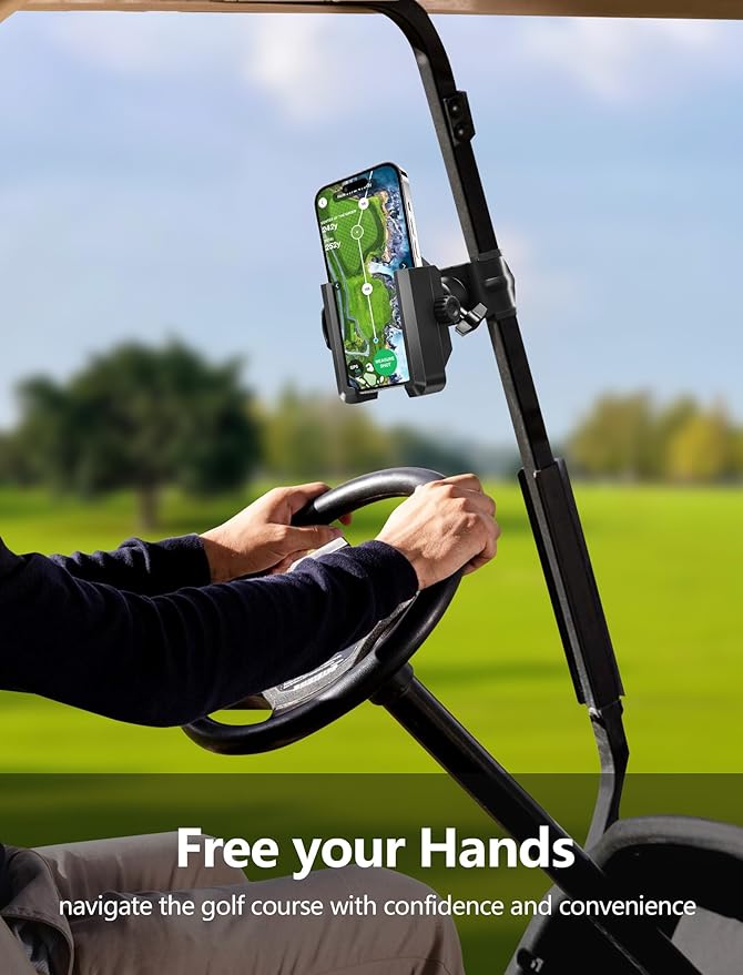 TOPGO Golf Cart Phone Holder for Yamaha/EZGO/Club Car, Golf Cart Accessories Gift for Men, Secure Phone Mount with Square Clip & Dual Swivel, Fits iPhone/Samsung/Pixel up to 7 Inch - Black