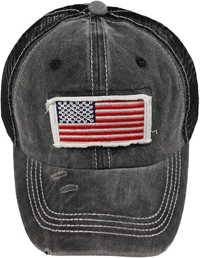 Women American Flag Ponytail Hat, Embroidery Adjustable Washed Distressed Messy Bun Baseball Cap …
