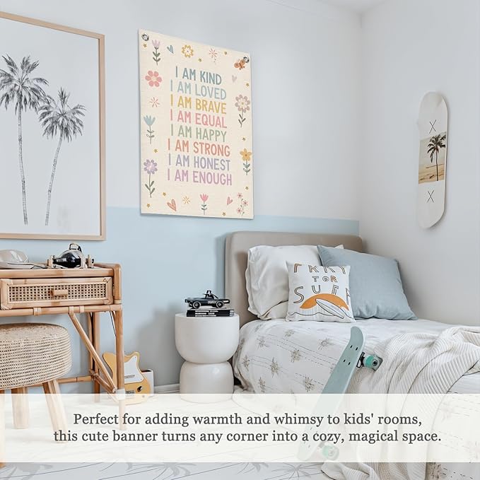 Affirmations Wall Hanging Art for Kids, Flower Wall Art I Am Kind Linen Canvas - Image 4