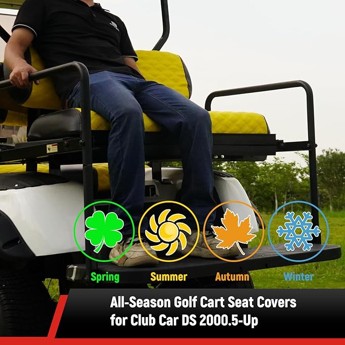 Golf Cart Seat Covers Front and Rear Waterproof and Sun Resistant Marine Grade Vinyl Leather Seat Cover Accessories for Club Car DS 2000.5-up, Yellow(4PCS)