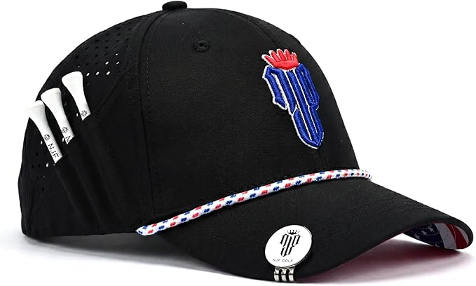 NJF Golf Hat Men - Breathable Mens Golf Hats, Adjustable Rope Hook and Loop Style Cap, Convenient Cap with Tee Holder