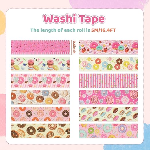 12 Rolls Donut Washi Tape Set, Candy Donuts Stars Masking Tapes, Cartoon Craft - Image 2