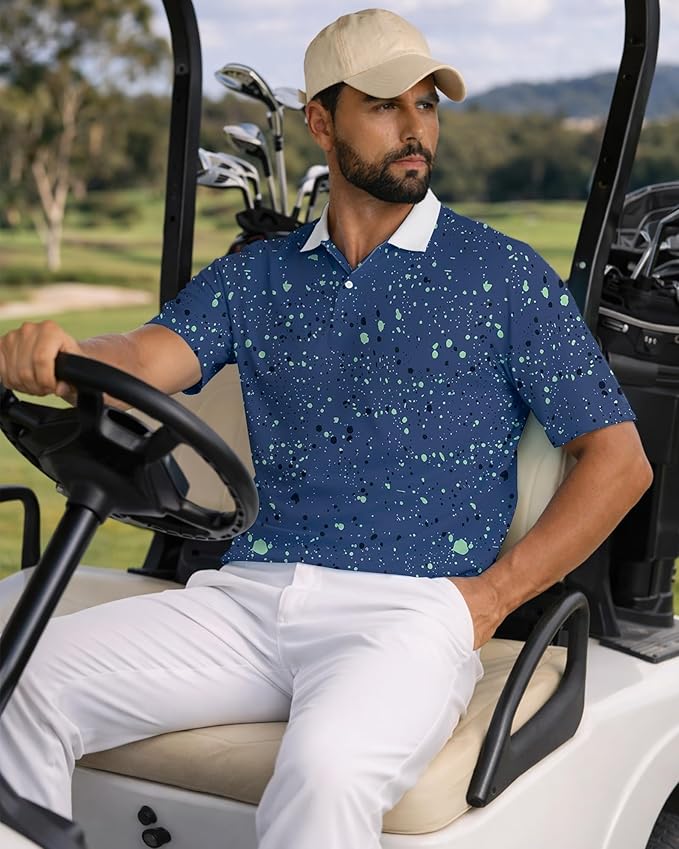 KUYIGO Mens Polo Shirt Quick Dry Moisture Wicking UPF 40+ Performance Printed Short Sleeve Summer Tennis Golf Shirt