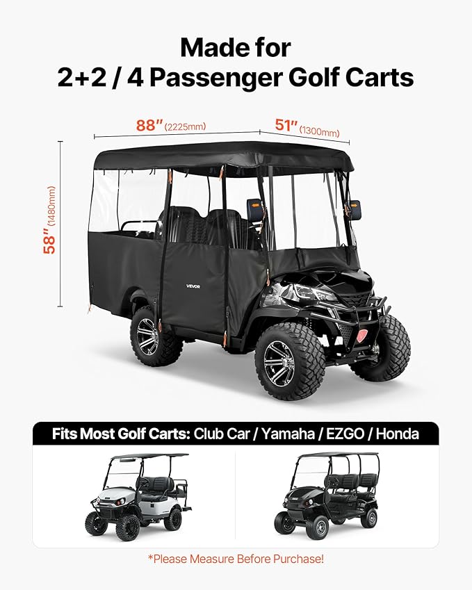 VEVOR Golf Cart Cover, Visible Full-Enclosure 2+2/4 Passenger Golf Cart, 420D Waterproof Oxford Fabric Club Car Cover Fits Most Carts Club Car, Yamaha, EZGO, Honda, PVC Coating & Windproof Hook Design