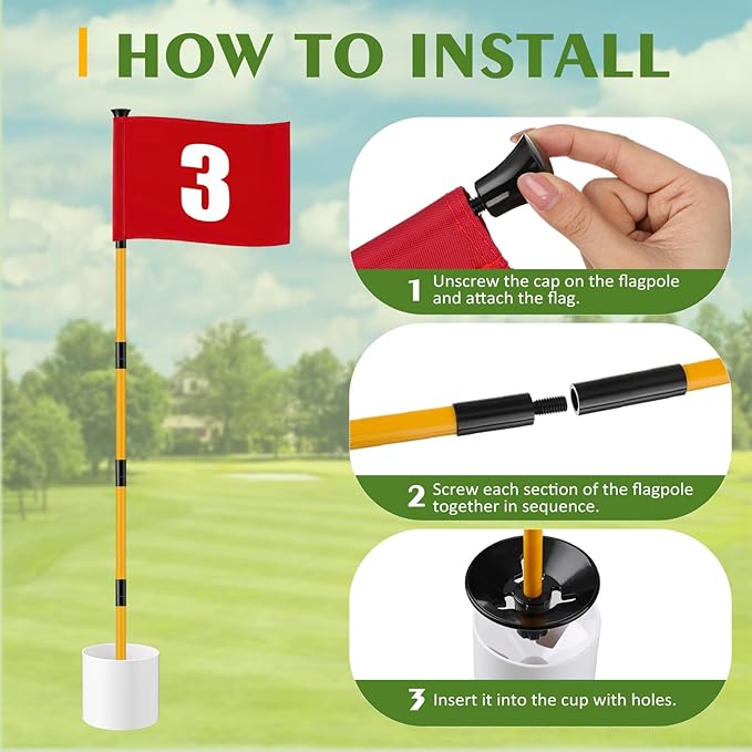 Golf Flag Stick 6ft, 3 Set Putting Green Flags with Hole Cup & Flagstick, Numbered Pin Flags for Backyard Yard Driving Range Chipping Green, Practice Accessories Gift for Men(Red)