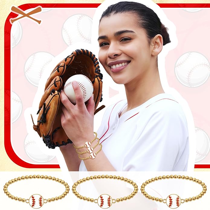 Tondiamo 24 Pcs Cheer Baseball Softball Soccer Basketball Football Tennis Bracelets Gifts Bulk Beaded Stretch Bracelets Charm Gifts Sport Jewelry Party Favors Supplies