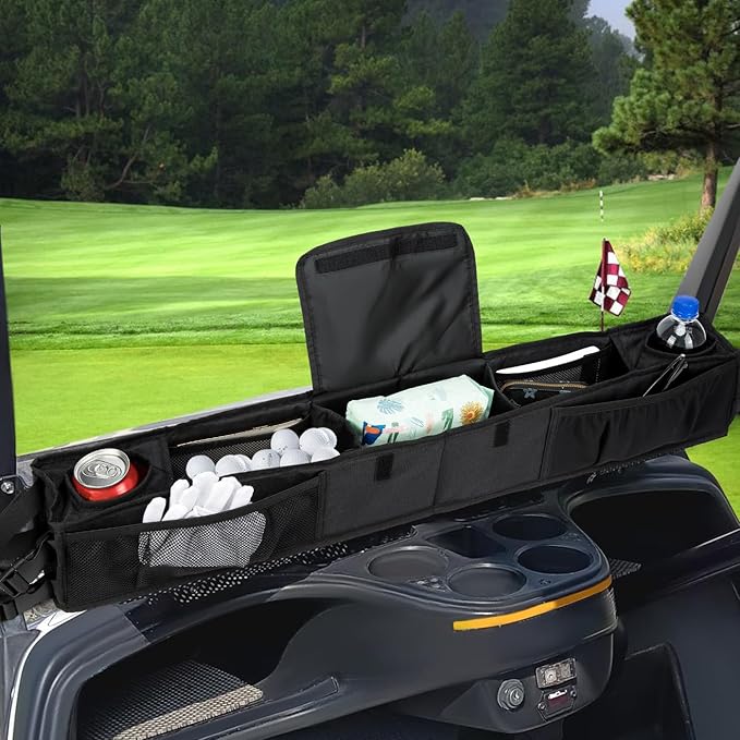 ROYALFAIR Golf Cart Front Storage Basket, with Insulated Cup Holders Golf Cart Storage,No Drilling Dashboard Tray Organizer,Compatible with Ezgo Drive Club Car Kandi Golf Cart
