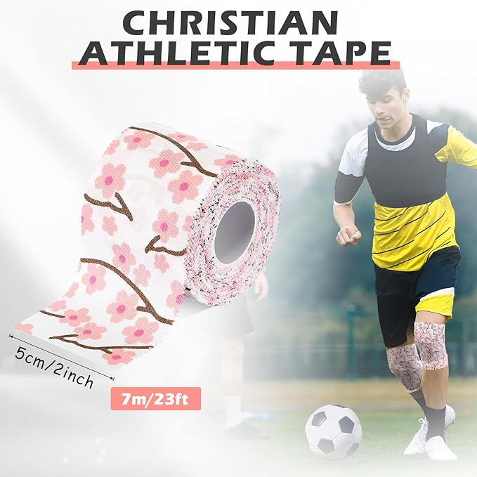 TrelaCo 1 Pcs Wrist Tape Baseball Cross Christian Athletic Tape 2in x 23ft Sports Wrap Cotton for Football Hockey Soccer Baseball Fingers Ankles Wrist Injury Wrap(Pink Cherry Blossoms,White)