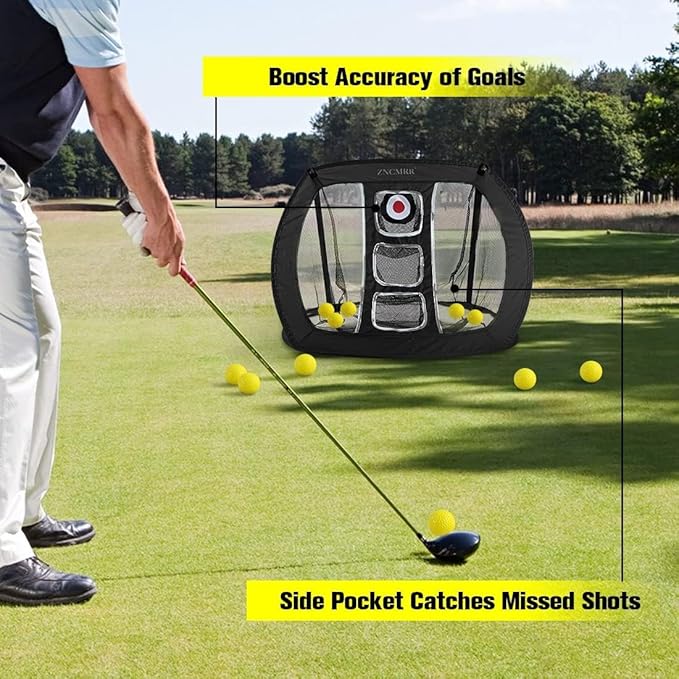 Pop Up Golf Chipping Net, Indoor/Outdoor Golfing Target Net Collapsible Portable Golf Hitting Net with 15 Training Balls and 2 Hitting Mats for Backyard Driving and Swing