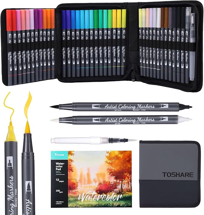 Watercolor Pens Set, 36-Color Dual Tip Paint Markers, Water-Based Coloring by TOSHARE