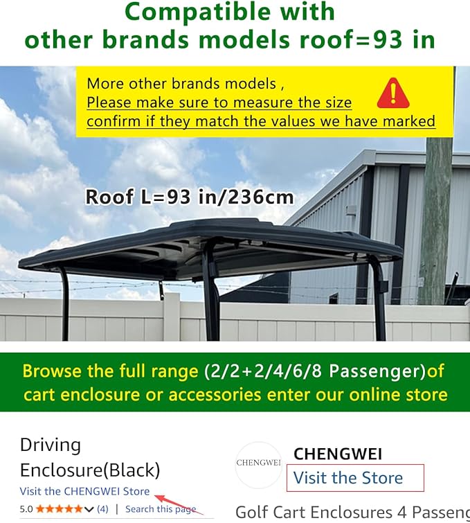Golf Cart Enclosures 4 Passenger 93 inch Extended Roof for EDACAR Terrain 4 Seater, Clear Rain Cover 4 Sided Transparent Windows Zippers Door Roll Up Driving Enclosure, Side Mirrors Opening (Black)