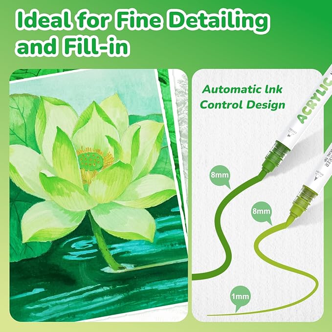 Guangna 12 Green Dual Tip Acrylic Paint Markers, Brush Tip & Chisel Tip Acrylic - Image 5