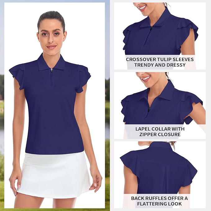 Soneven Womens Petal Sleeve Golf Shirts Moisture Wicking Lady Golf Apparel Print Tennis Sport T Shirt