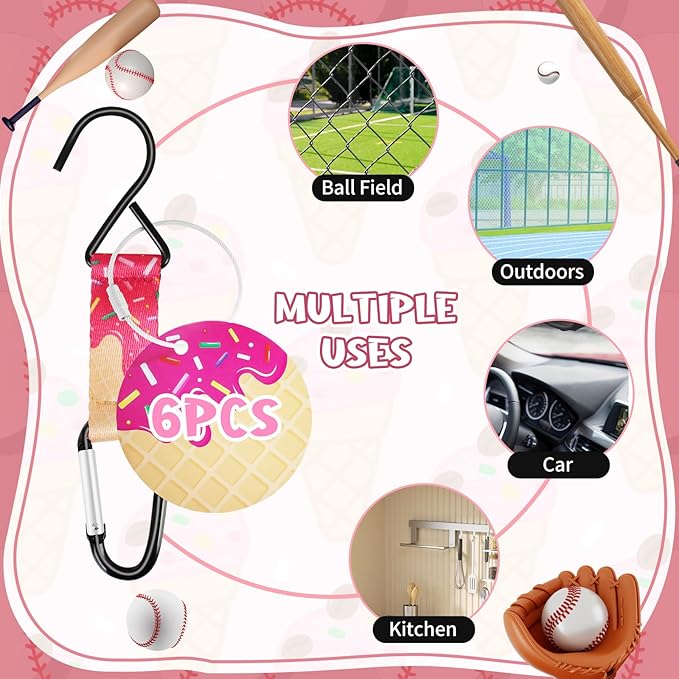 Eyourlife Dugout Organizer Fence Hooks Baseball Softball Gift for Bag Backpack Glove Helmet Drinking Bottle Hanging with Name Luggage Tag Charm Team Gift for Coach Mom 6set pink ice cream drip 1 hook