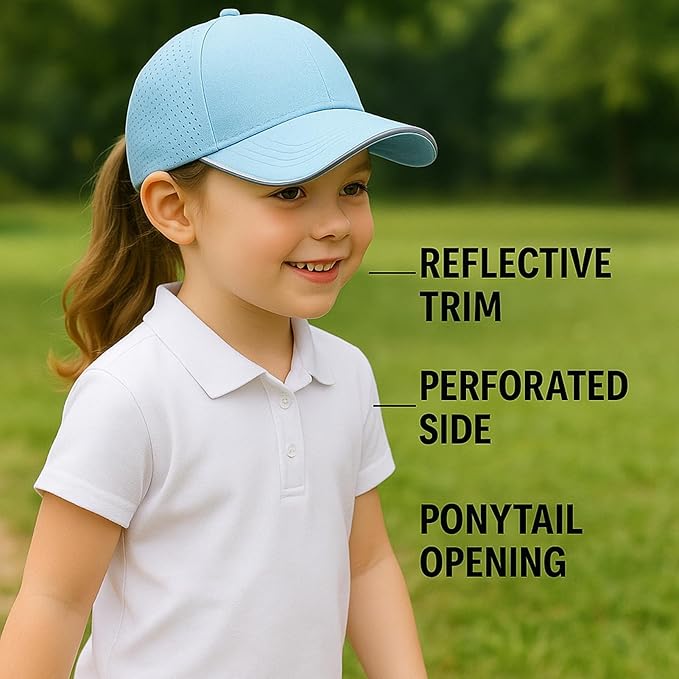 Little Girls Criss Cross Ponytail Hat Toddler Reflective Baseball Cap Kids Quick Dry Summer Sports Hats Age 3-8