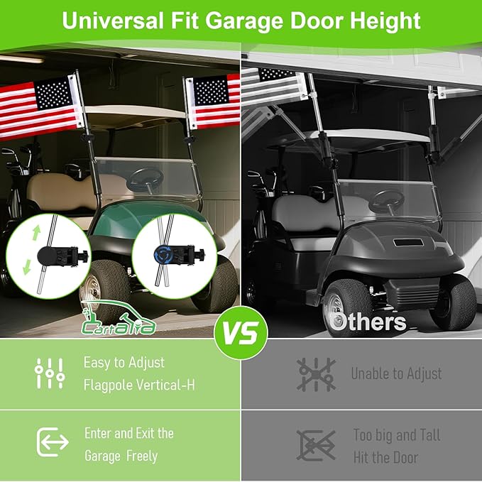 Golf Cart Adjustable Flag Holder, Universal Flagpole for EZGO Club Car Yamaha, Flag Bracket for 0.59-1.18" Round/Oval Square Rails Push Cart, UTV, ATV, Included USA Flags (12"×18")