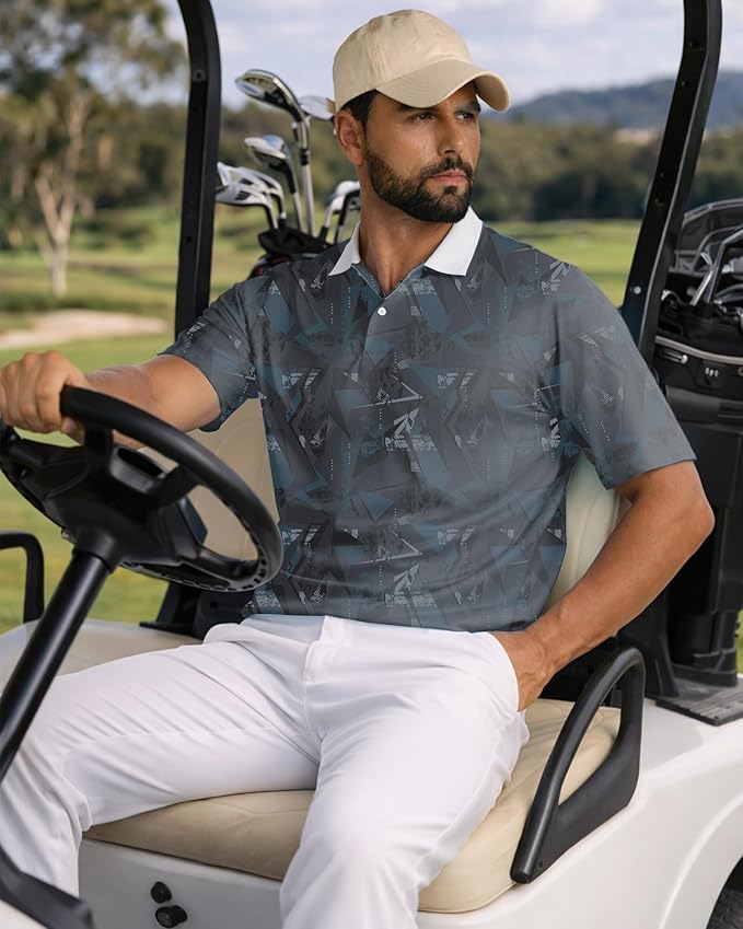 KUYIGO Mens Polo Shirt Quick Dry Moisture Wicking UPF 40+ Performance Printed Short Sleeve Summer Tennis Golf Shirt