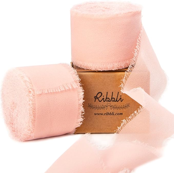 Ribbli Blush Pink Chiffon Ribbon 1-1/2 inch x 20 Yard Handmade Fringe Chiffon by Ribbli
