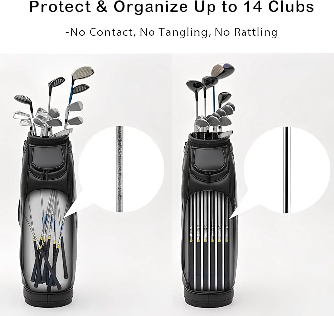 Golf Club Organizer Tubes for Bag, 14 Individual Club Protectors with Cushioning, 85 cm Full-Length Golf Bag Divider System to Stop Clubs from Rattling and Tangling
