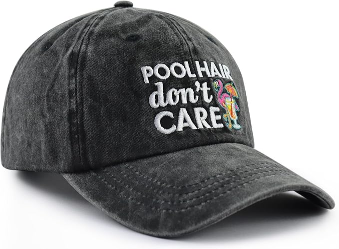 Pool Hair Don't Care Hat for Men Women, Funny Adjustable Cotton Embroidered Flamingo Pool Baseball Cap