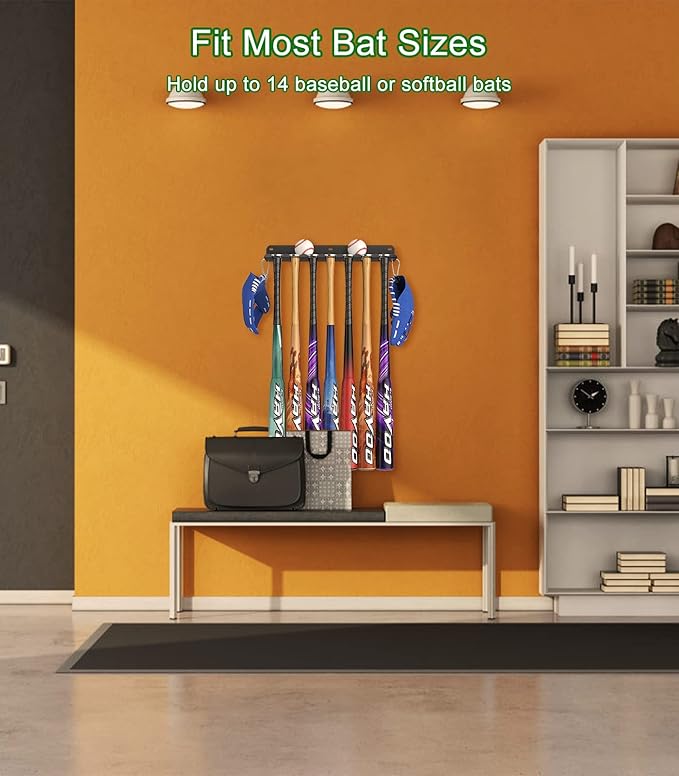 QBA 2 Pack Baseball Bat Rack, Baseball Bat Holder Wall Mount, Holds 14 Bats, Bat Organizer for Dugout Fence Home Garage, Black