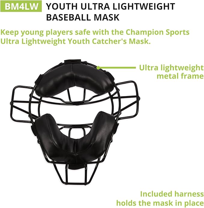 Champion Sports Pro Baseball Adult Mask - Umpires and Catchers - Extra Protection - Extended Guards - Adjustable Harness Baseball Mask - Adult Size,Black