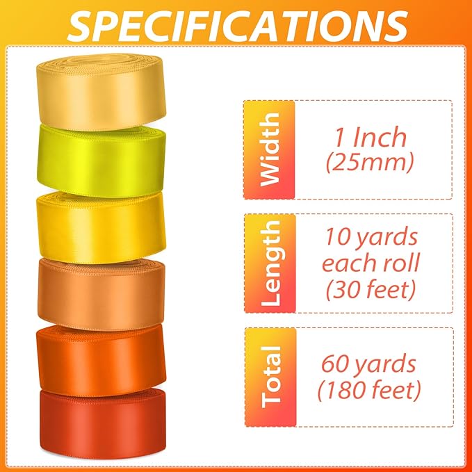 1 Inch Orange Satin Ribbons for Crafts, 6 Rolls Single-Faced Orange Assorted - Image 2