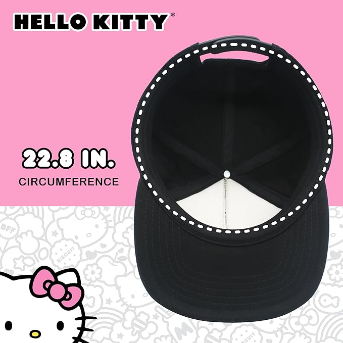 Hello Kitty Baseball Cap, Women's Snapback Hat with Flat Brim and 3D Ribbon and Ears