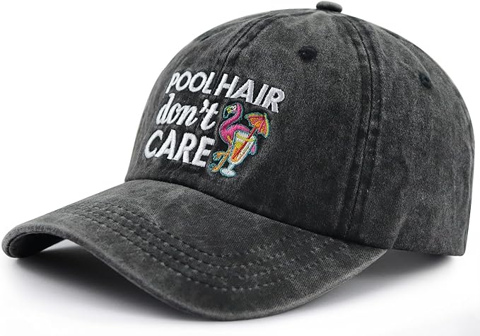 Pool Hair Don't Care Hat for Men Women, Funny Adjustable Cotton Embroidered Flamingo Pool Baseball Cap