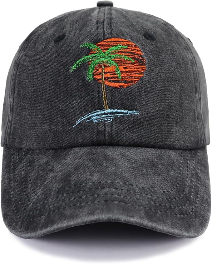 Summer Beach Sun Hat for Men Women, Tropical Themed Embroidered Adjustable Baseball Cap with Palm Tree and Sunset Design