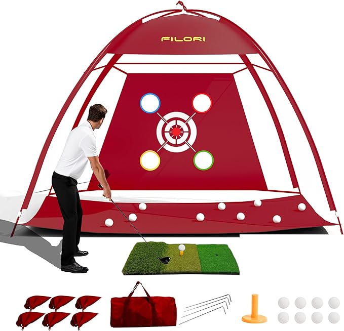 FILORI Golf Practice Net 10x7FT - Golf Hitting Net with Tri-Turf Mat, 8 Balls, Tee & Carry Bag, Indoor/Outdoor Backyard Training for Driving Chipping Swing, Ideal Gifts