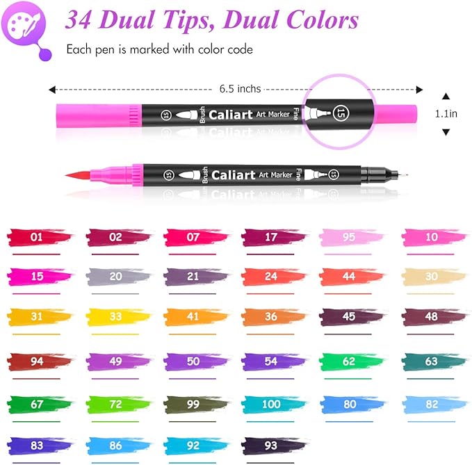 Caliart 34 Double Tip Brush Pens Art Markers, Artist Fine & Brush Pen Coloring - Image 2