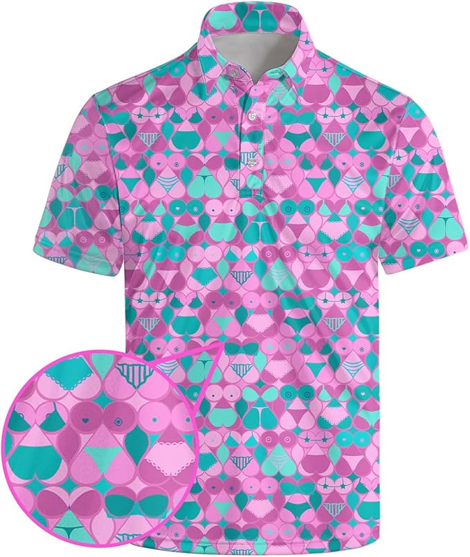 HUURAY Funny Golf Polos for Men Funny Print Short Sleeve Shirts Quick Dry Polo Shirts Hawaiian Shirt Performance Golf Outfits