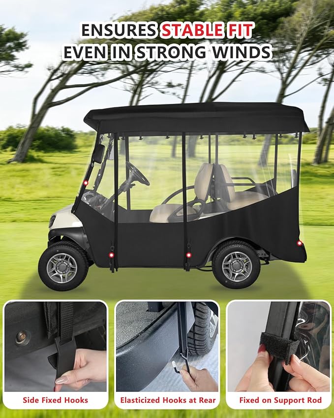 4 Passenger Golf Cart Enclosure for Club Car Tempo Onward 88" Extended Roof, 600D Waterproof Rain Driving Cover with Full Roll Up Clear Windows & Door for 4 Seater Club Car Enclosures