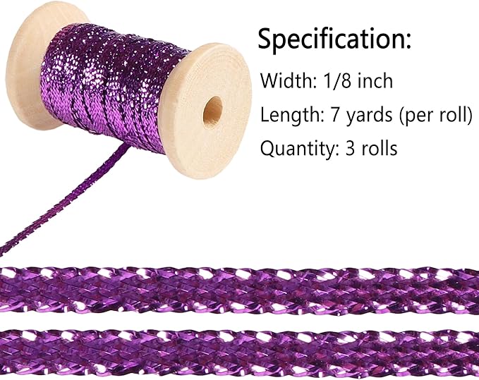 Purple Thin Ribbon 1/8 inch Metallic Braided Double Faced Ribbons Curling - Image 2