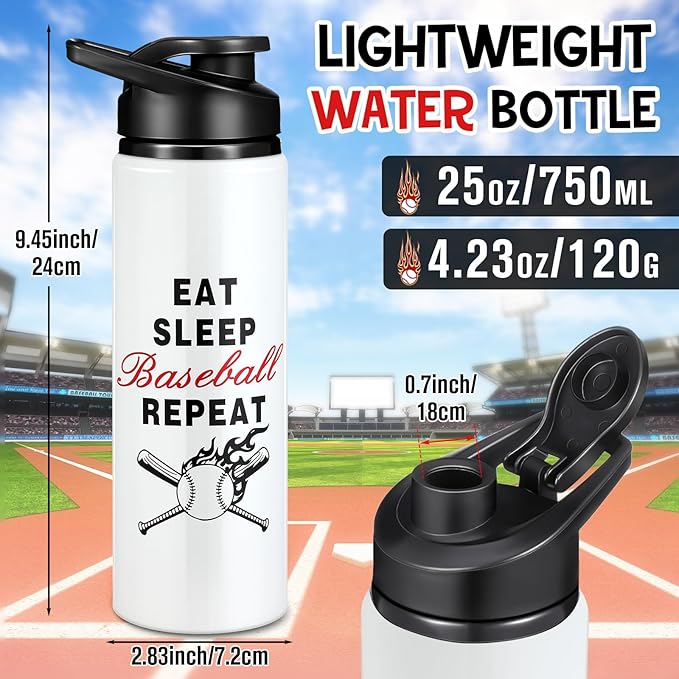 Hushee 12 Pcs 25 oz Baseball Water Bottles Bulk Aluminum Sport Bottles with Leakproof Lid Baseball Gift for Team Men Players Fan Coach(Eat Sleep)